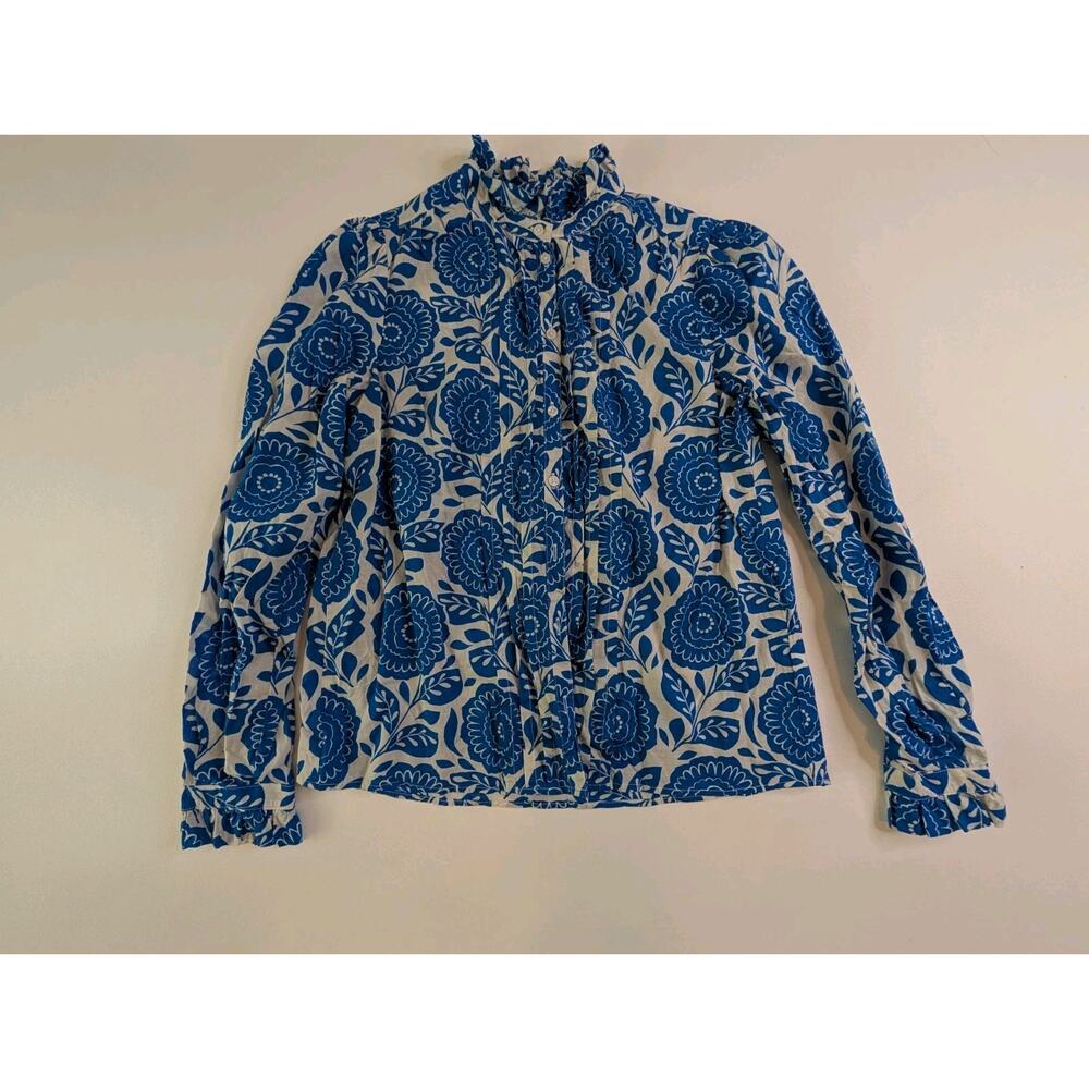 Boden Felicity Cotton Blouse - White & Blue Floral Button-Up Ruffles Sz 6 - Picture 2 of 10